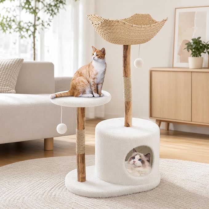 Modern Real Wood Cat Tree Tower, Multi-Level Cat Condo with Natural Wicker Basket, Scratching Posts & Dangling Balls, Tall Climbing Trees Pet Furniture with Platforms for Large Cats