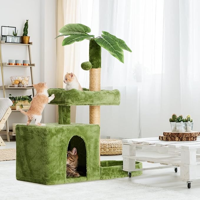 31.5" Cat Tree Tower for Indoor Cats with Green Leaves, Cat Condo Cozy Plush with Hang Ball and Leaf Shape Design, Cat Furniture Pet House with Scratching Posts, Green