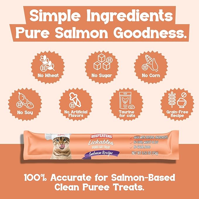 Beefeaters Salmon Pure Cat Treats 1.59oz (12 Pack) | Lickable Squeeze Tube Treats, Grain-Free, No Added Sugar, Real Salmon, Taurine-Enriched, Ideal for Bonding, Seniors, Toppers & Everyday Treating