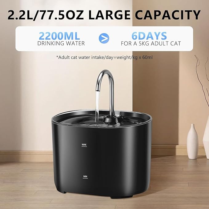 Automatic Cat Water Fountain, 2.2L Pet Fountain, Silent Dog Water Dispenser with Replacement Filters and Stainless Steel Tray for Cats, Dogs, Multiple Pets,Black