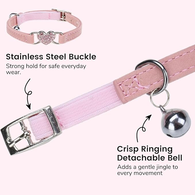 BINGPET Diamond Cat Collar,Adjustable Soft Velvet Leather Safe Kitten Collar with Crystal Heart Charm and Bells,Girl Boy Bling Stylish Cat Collars with Safety Elastic (Pink, Neck Girth 8"-10")