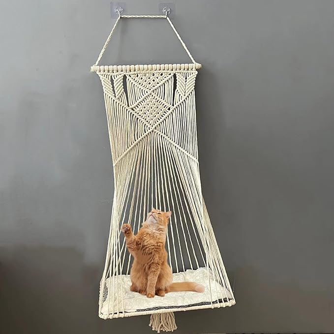 Macrame Hanging Cat Hammock Cat Swing Bed for Indoor Cats, Boho Cats Perch Bed for Sleeping, Playing, Climbing, and Lounging (Beige)