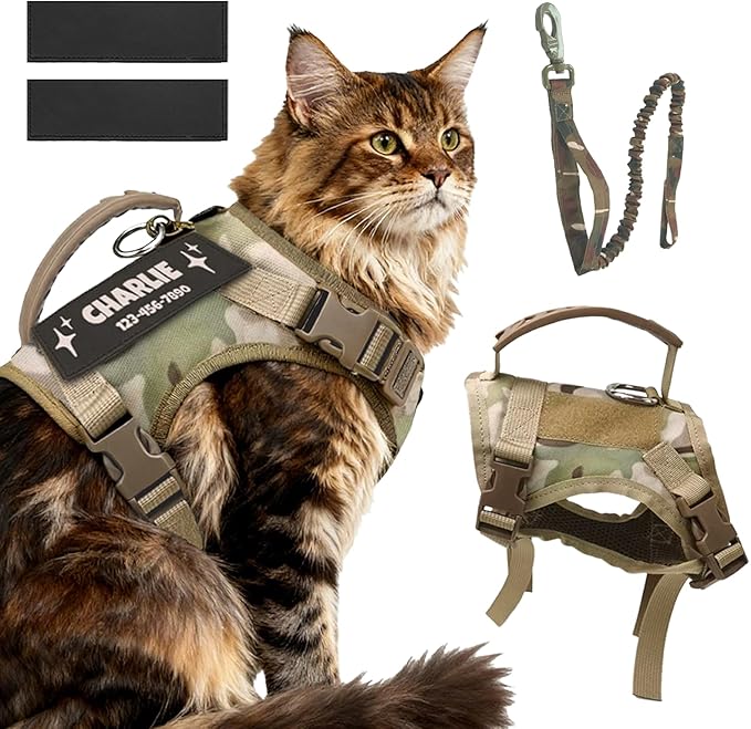 Cat Harness and Leash Escape Proof Tactical Cat Harness with Custom Patches Adjustable Soft Vest for Walking & Training Comfortable Outdoor Gear Fits Small Medium Large Cats (8-20 lbs)