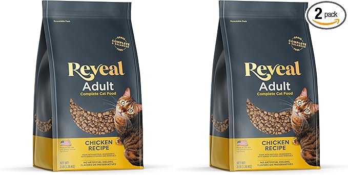 Reveal Natural Adult Dry Cat Food, High Protein, Grain Free with Added Vitamins & Minerals, Complete & Balanced Nutrition for Cats, Chicken Recipe (3 Pound Bag) (Pack of 2)