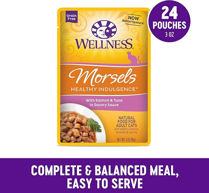 Wellness Healthy Indulgence Morsels Adult Wet Cat Food, Natural, Protein Rich, Grain Free, Salmon and Tuna Recipe, 3 oz, Pack of 24 Pouches