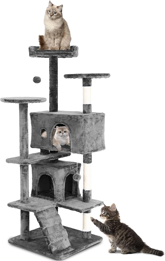 Cat Trees Towers for Large Cats 54" Tall - Cat House with Scratching Posts, Cozy Condo, Bed Cave, Climbing Ladder & Pom Pom Toys - Cat Furniture - Ashy Gray