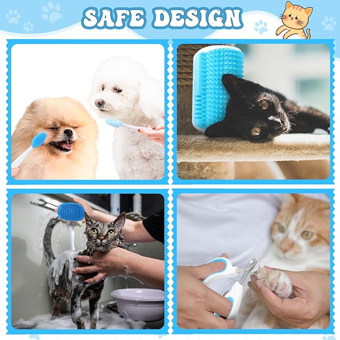 Teenyyou Cats Grooming Kit - 10 Pcs Pet Self Cleaning Kit for Indoor Long Hair Cats Include Brush Bath Brush Needle Comb Toothbrush Nail Clipper Nail Trimmer for Shedding Supplies