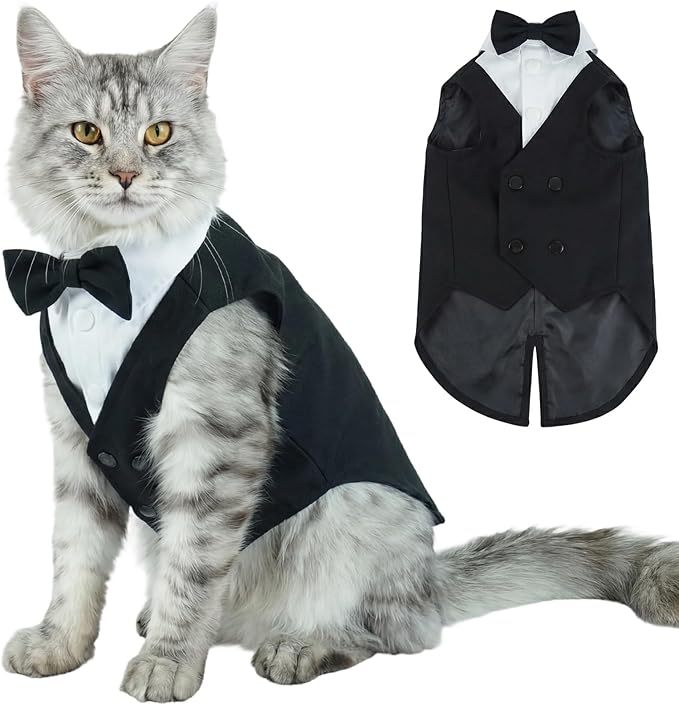 QBLEEV Cat Tuxedo Outfit, Sphynx Cat Costume for Cats Only, Formal Kitten Clothes Attire Suit with Bow Tie, Stylish Birthday Wedding Party Photo Shoots Costume for Male Female Cats, XXL, Black