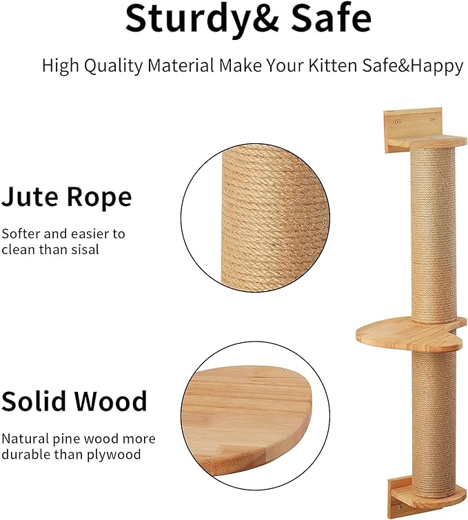 FUKUMARU Cat Activity Tree with Scratching Posts, Wall Mounted Jute Scratcher Pine Hammock