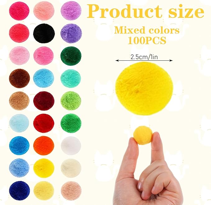 Larrel 100 Pcs Cat Puff Ball Toys, 2.5cm/1in Soft Cat Pom Pom Balls Fuzzy Balls for Cats Cute Pompoms for Indoor Kitten Playing Exercising or Craft DIY Creative Crafts Decorations(Random Assortment)