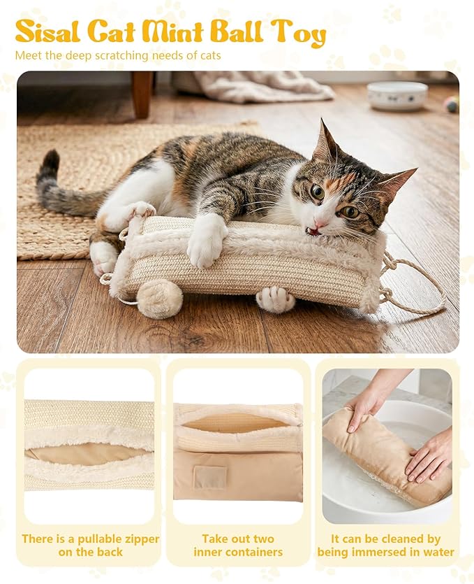 16.5 Inch Sisal Catnip Pillow Toy Kickers, Washable Sisal Cover, Interactive Cat Toys with Sisals Balls for Indoor Scratching, Chewing & Teething, Fun for Kittens and Adult Cats (Beige)