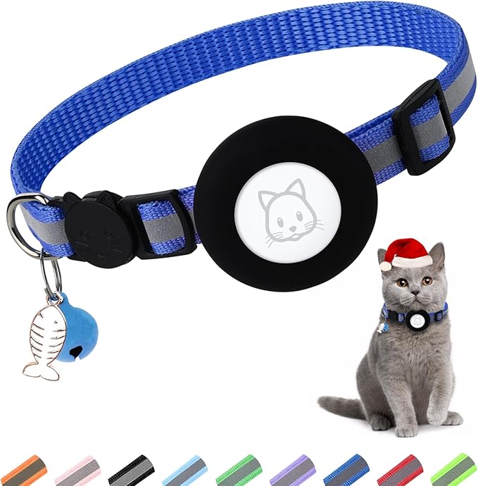 Airtag Cat Collar, Air tag Cat Collar with Bell and Safety Buckle in 3/8" Width, Reflective Collar with Waterproof Airtag Holder Compatible with Apple Airtag for Cat Dog Kitten Puppy (RoyalBlue)