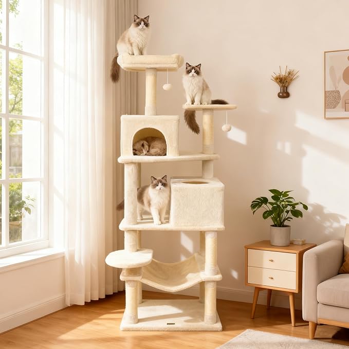 DORTALA 75" Tall Modern Cat Tree, Multi-Level Cat Tower with Large Condos, Sisal Scratching Posts, Top Perch, Hammock, Dangling Balls, Kitten Beds & Climbing Furniture for Indoor Cats (Beige)