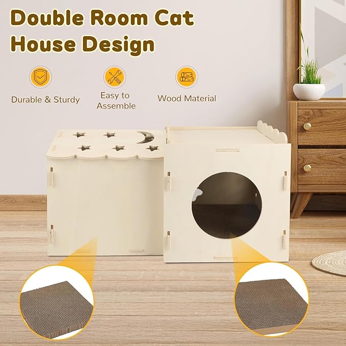 Wooden Cat Scratcher House,Cat House with Scratch Cardboard Pad,2 Tier Sturdy Kittens Bed House Indoor with Air Vents for Small to Large Sized Cats and Rabbits Use