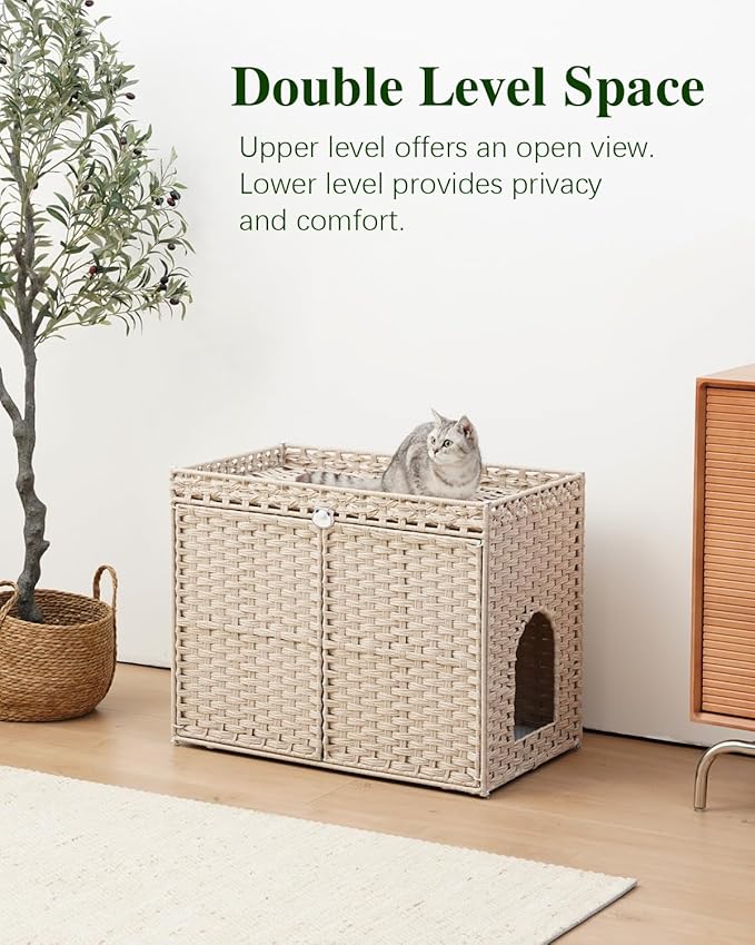 SETVSON Cat Litter Box Enclosure Furniture, Hidden Litter Box, Cat Litter Box Cabinet with 2 Litter Mats, Handwoven Rattan Large Space Cat House Indoor, Living Room, Bedroom, Apartment Light Khaki