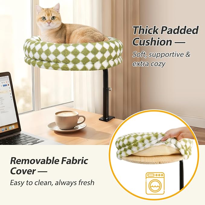 Sunhoo Cat Desk Bed 360° Rotating Height Adjustable Desktop Mount Hammock Kitten Perch Easy Setup Kitty Nest Table Clamp-on Attachment for Indoor Cats Washable 17" Diameter Hold Up to 40lbs（Green）