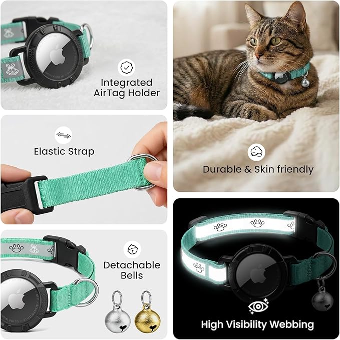 Reflective AirTag Cat Collar, Integrated Cat Tracker Collar with Air Tag Holder and Bell, Safety Elastic Band Cat GPS Collars for Girl Boy Cats, Kittens and Puppies (Green,S)