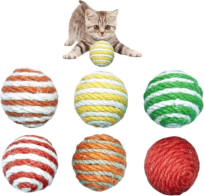 6Pcs Cat Sisal Balls Toy Set - Sisal Rattle Balls with Woven Wool for Indoor Cats (Random Color)