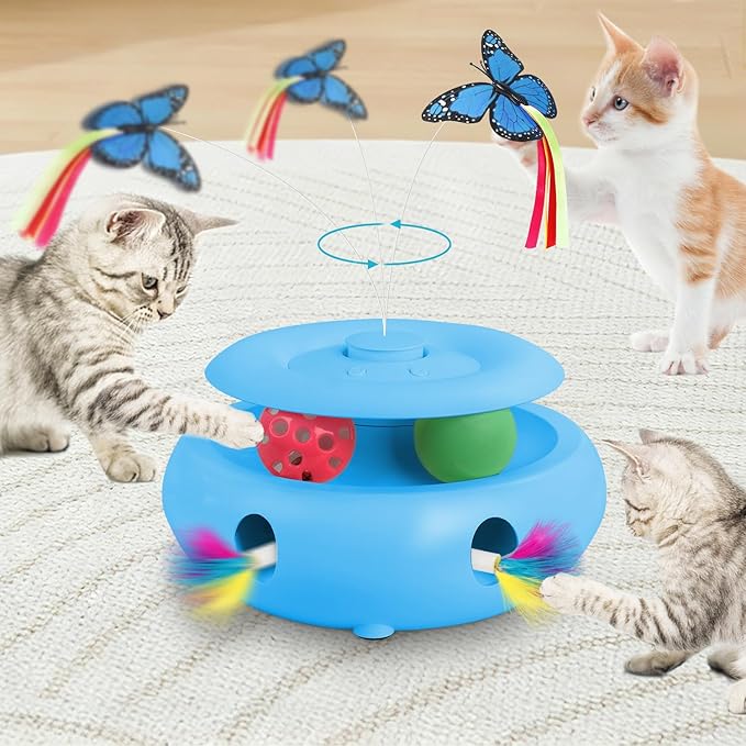 Interactive Cat Toy for Indoor Cats, 3-in-1 Automatic Kitten Toys with Fluttering Butterfly, Ambush Feather and Track Balls, USB Rechargeable Electric Cat Enrichment & Exercise Toy