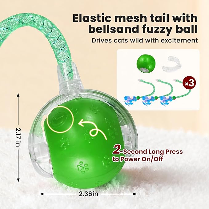 Rocfish Cat Toys, Cat Toys for Indoor Cats, Cat Toys Interactive, 360° Rotating Automatic Interactive Cat Ball, Smart Activation, LED Light, Type-C Rechargeable, 3 Replaceable Dragonfly Tails (Green)
