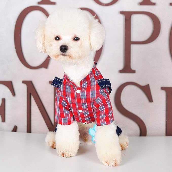 SMALLLEE_LUCKY_STORE Pet Clothes Costume Puppy Denim Overalls for Small Medium Dogs Cats Boys Bowtie Plaid Shirt Jeans Pants Outfits Chihuahua One Piece Jumpsuit,Red XS