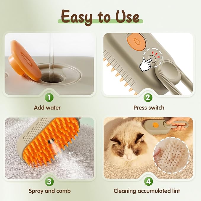 Defur Comb for Cats Dogs, 3 in 1 Steam Cat Brush Cat Steam Brush for Shedding & Grooming, Self Cleaning 3 in 1 Pet Brush Pet Grooming Brush with Spray (White)