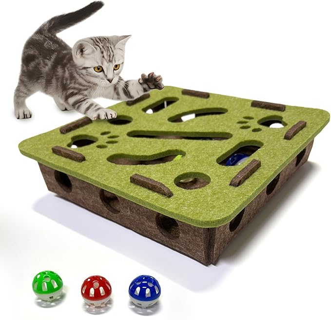 Interactive Soft Felt Cat Puzzle Toy with Ball and Bell，cat Nail File Enrichment Box，Cat Toy Box for Indoor Cats and Kittens，Indoor Hunting Play Toy (Green)