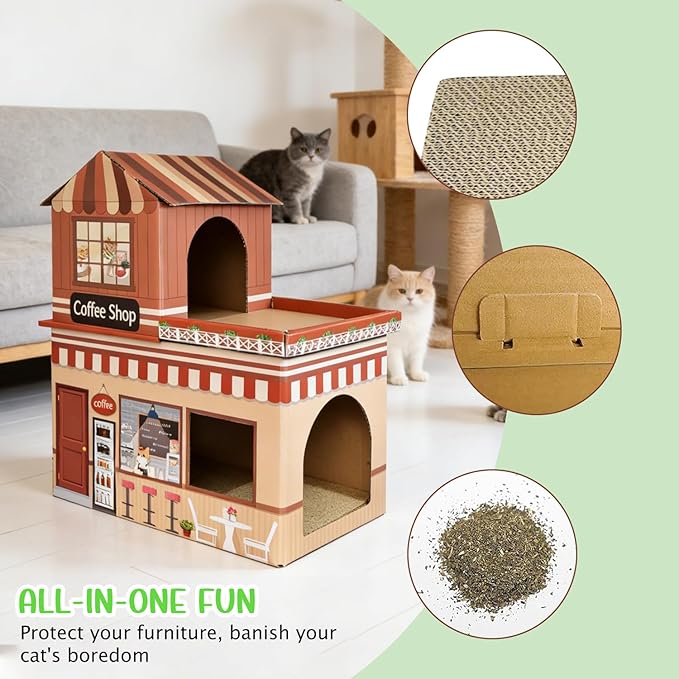 Cardboard Cat House for Indoor Cats, Double Layer Cat Scratcher House for Large Kitty Rabbit Bunny, Scratch & Sleep 2 in 1 Design, Durable & Easy to Assemble Scratching Bed(Coffee Bar)