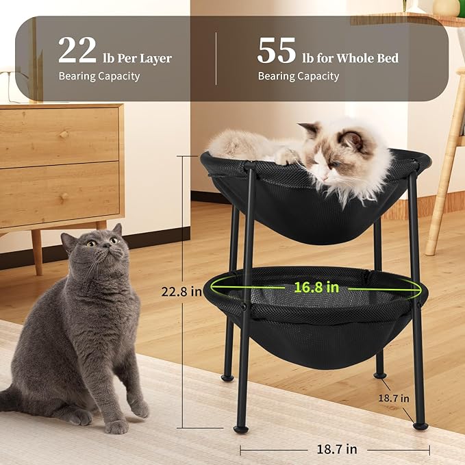 JUNSPOW Double Cat Bed Black, Breathable Pet Bed for 2 Cats with 4 Adjustable Feet & Anti-Slip Mats, Easy Assembly Cat Hammock for Multi-cat Household, Indoors & Outdoors, 22.8 in x18.7 in x 18.7 in