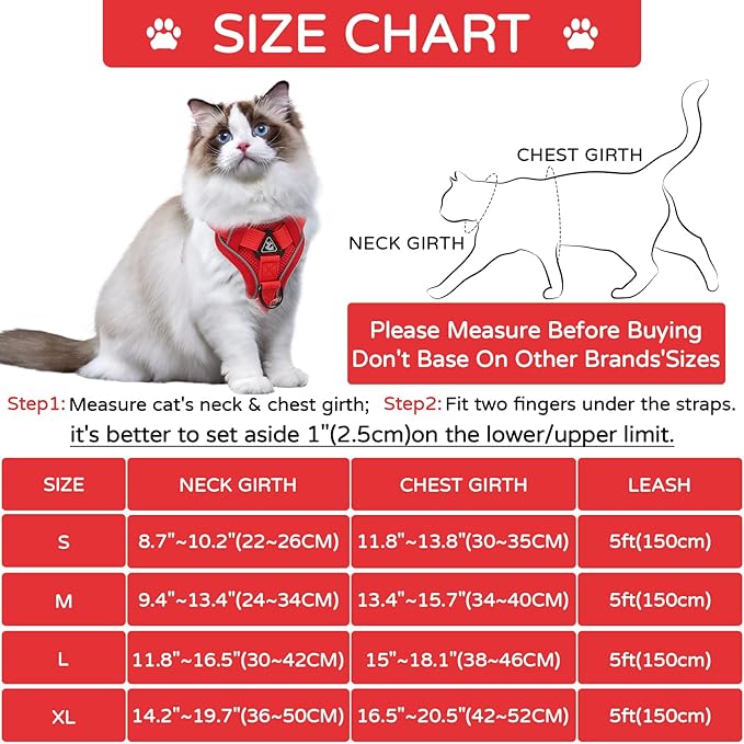 Cat Harness and Leash Set for Outdoor Walking, Upgraded Escape Proof Adjustable Kitten Vest with Lead for Small Cat, Soft Breathable Mesh Jacket with Reflective Strips for Dark Night (S, Fresh Red)