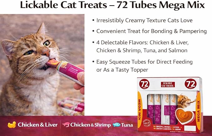 Premium Lickable Cat Treats - 72 Squeeze Tubes (0.5oz) | High-Protein Grain-Free Variety Pack | Hydrating Creamy Snacks for All Cats