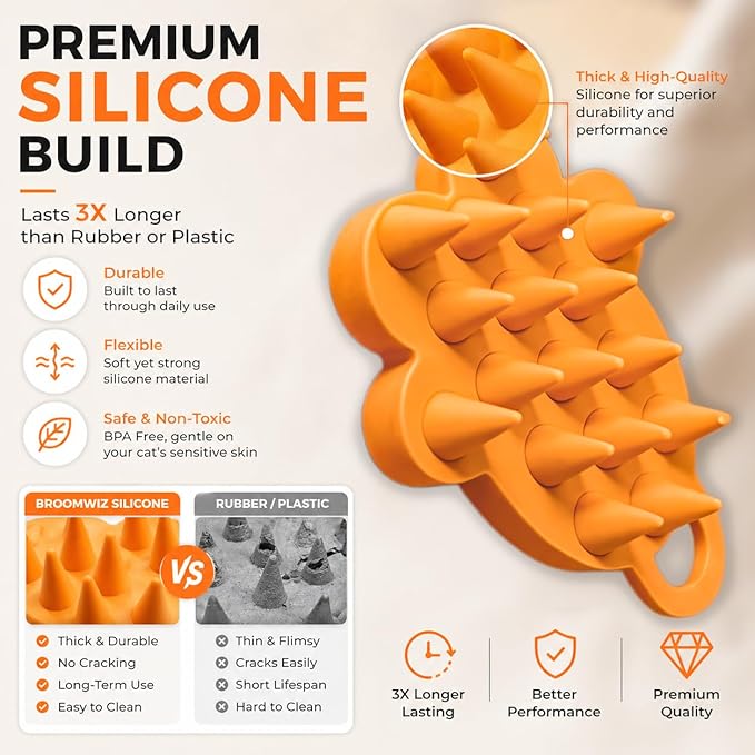 Cat Brush Silicone Pet Grooming Brush for Cats & Dogs, Soft Flexible Deshedding for Removing Loose Fur, Easy to Clean, Waterproof, for Short & Long Hair, Orange White Gray