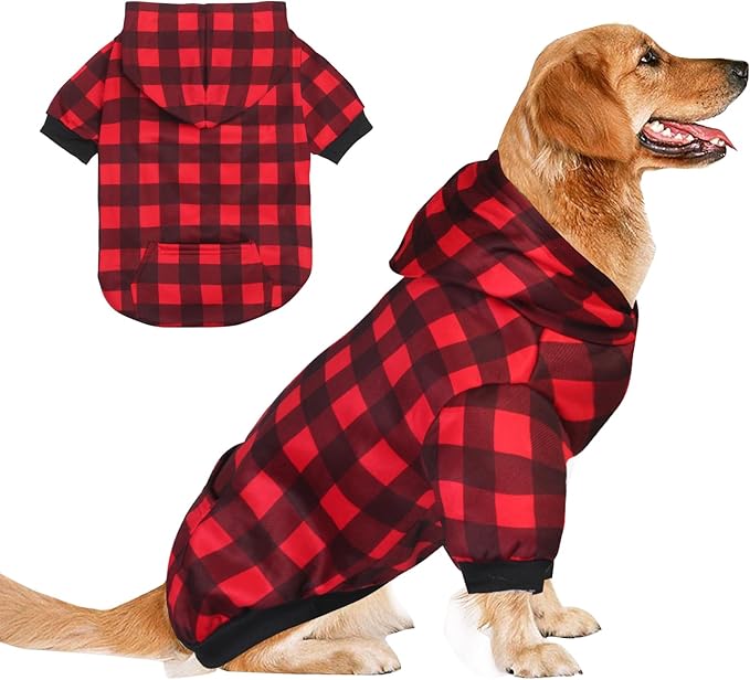 Plaid Dog Sweaters Hoodies Sweatshirts for Dogs Cats, Warm and Soft Cold Weater Coats for Christmas (Red, X-Large)