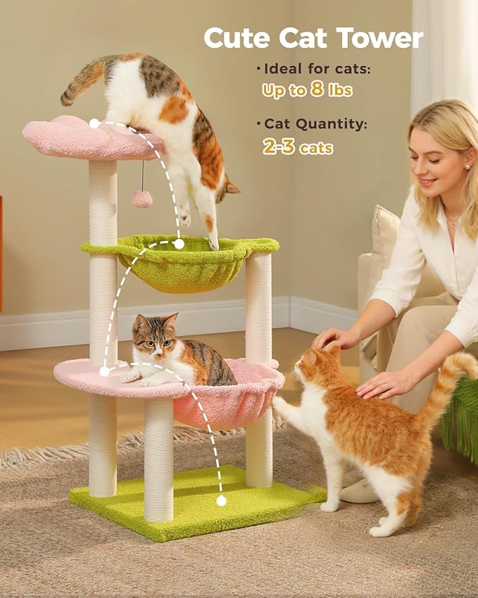 MUTTROS Flower Cat Tree with 2 Large Hammocks, 37.4" Small Cat Tower for Indoor Kitty with 6 Scratching Posts, Cute Cat Tree with Flower Top Perch, Pink