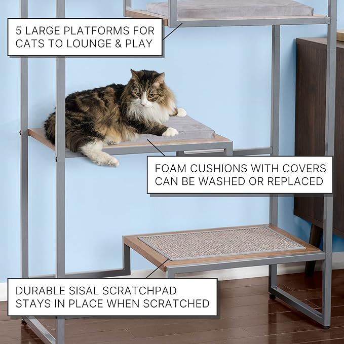 The Refined Feline 62 Inch Tall Metropolitan Cat Condo, Gray Metal Frame Cat Tower, Multi-Level Modern Cat Tree for Indoor Cats, White Platforms with Gray Replaceable Cushions & Scratching Post