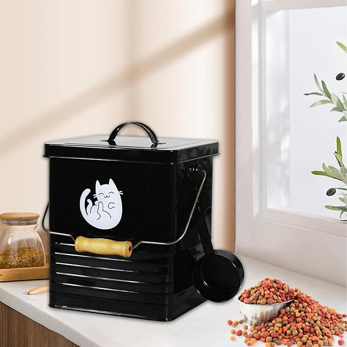 Dog and Cat Food Storage Container Storage Tin with Lid Multipurpose Food Canister for Washing Pet Food, Black
