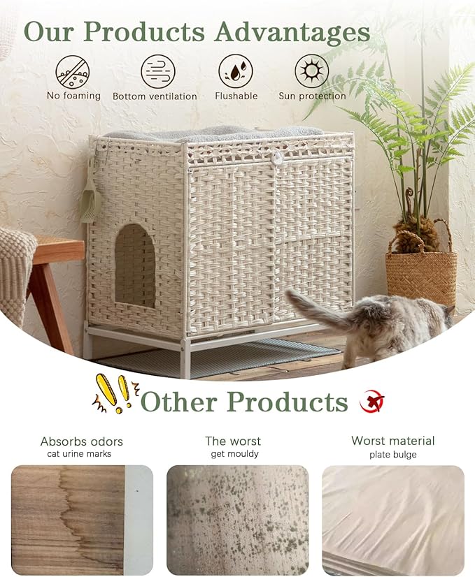 SETVSON Cat Litter Box Enclosure Furniture, Hidden Handwoven Rattan Litter Box with Mat, Large Cat House with Metal Heightened Feet, 30.3 x 18.3 x 28 Inches, Indoor for Living Room, Bedroom White