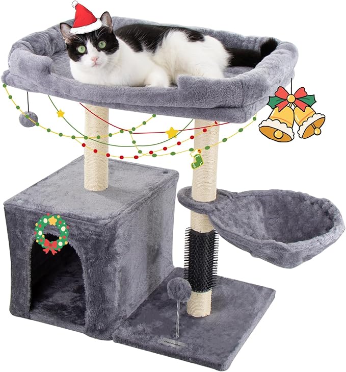 28.3" Small Cat Tree Tower,Cat Scratching Post for Indoor Cats,Featuring with Cat Cave & Cozy Perch,Cat Self Groomer and Interactive Dangling Ball Great for Kittens/Cats (Light Gray, Large)