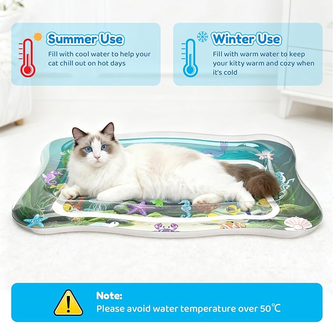 Interactive Cat Toy for indoor Cats, Upgraded Cat Water Mat with Fish, Thickened 0.7mm Cooling & Heating Water Bed Pad, Enrichment Stimulating Water Sensory Play Mat for Bored Adult Kitten Cats
