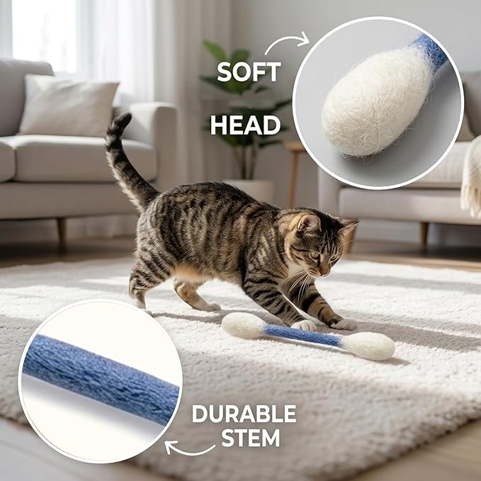 7-Piece Set 5.9inch giant q tip cat toy and 8inch Mint linen imitation fish,Qtip Cat Toy for Interactive Play Sessions and Anxiety Relief, Giant Qtip Toy for Indoor Cats with Stomach Discomfort