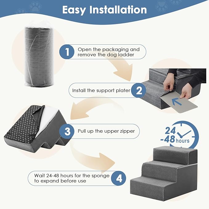 DUMOS Dog Stairs for Small and Medium Dogs, 3-Step Pet Steps with High-Density Foam, Indoor Non-Slip Pet Ramp for Puppy and Older Dogs Cats, Dog Bed Stairs for Couch and Sofa(Grey)