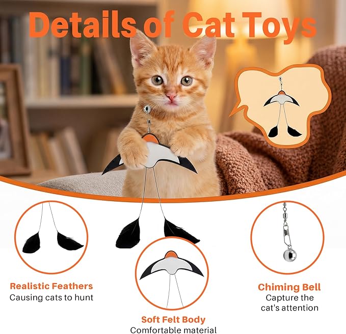 Walfront Interactive Cat Wand Toy with Strong Suction Cup Base, Bird Teaser with Bells, Triggers Hunting Instinct, Includes 2 Wands and 2 Replacement Birds, 35.4 Inch Wand for Indoor Cats