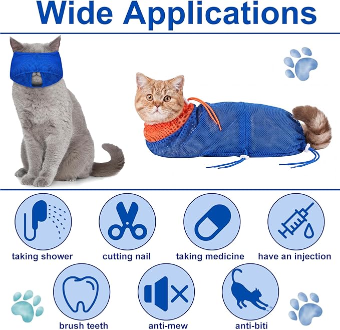 9 Pcs Cat Bathing Bag Set Cat Shower Bag Anti Bite and Scratch for Pet Grooming Washing Brush Comb Muzzle Nail Clipper Nail File Tick Tool (Navy Blue)