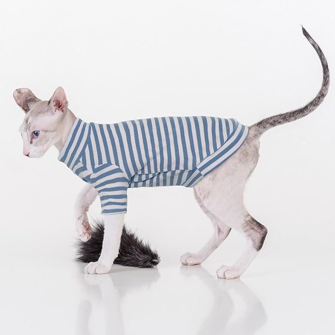PUMYPOREITY Sphynx Cat Clothes, Soft Hairless Cats Shirt with Sleeves, Stretchy Cat Sweater, Pullover Cat Pajamas Jumpsuit, Turtleneck Cat Outfit for Sphynx Cornish Rex, Devon Rex, Blue, XS