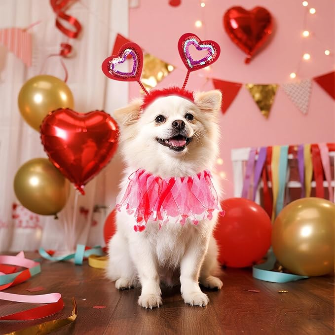2 Pcs Valentines Day Pet Costumes - Small Dog & Cat Valentines Outfit (Collar and Headband), Red and Pink Themed Apparel for Small Pets