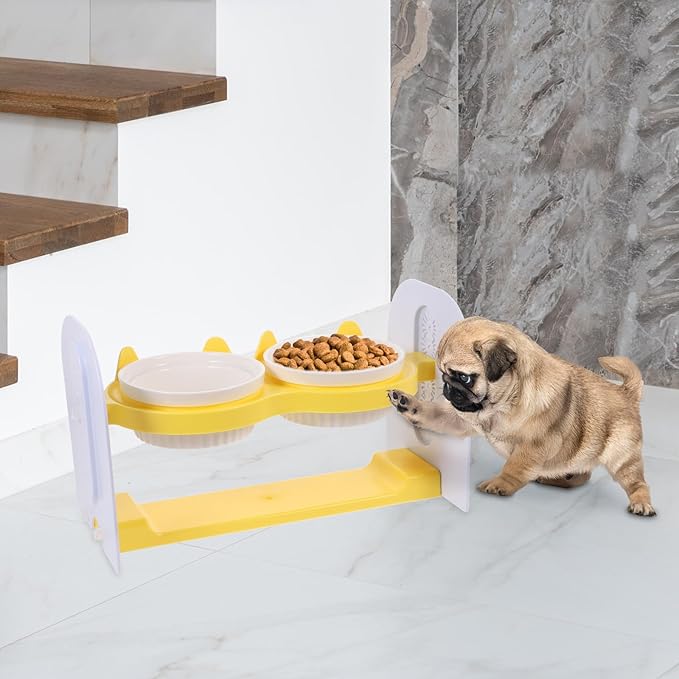 Ceramic Raised Cat Bowl Set Adjustable Height and Tilt, Yellow Non-Slip Floor Pet Bowls for Dogs and Cats, Sturdy Reusable Feeding and Watering Station