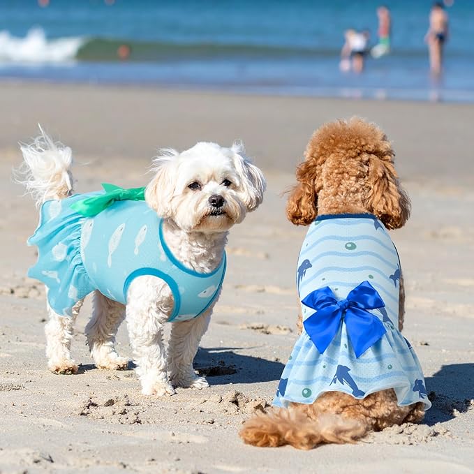 2-Pack Dog Summer Dress Breathable Puppy Cat Dresses with Bowknot Pet Summer Cool Outfits Skirts with Sea Fish Dolphin Patterns for Small Medium Dogs M