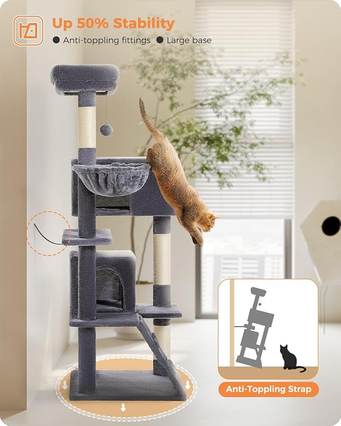MUTTROS Cat Tree for Large Cats Adult with Super Large Top Perch, 56.3" Tower with Plush Hammock, Shelves and Dangling Pompom, Scratching Posts and 2 Condos House, Dark Gray