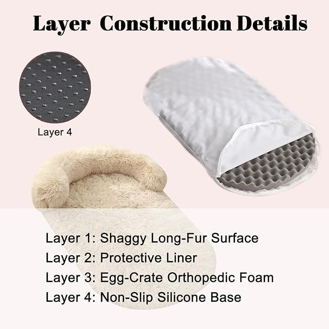 Orthopedic Dog Bed with Egg-Crate Base, Calming Dog Beds Fluffy Plush Faux Fur with Raised Edges, Spine Friendly Pet Sleeping Mat for Medium Large Dogs, Machine Washable (Oval, Beige 32"x24")