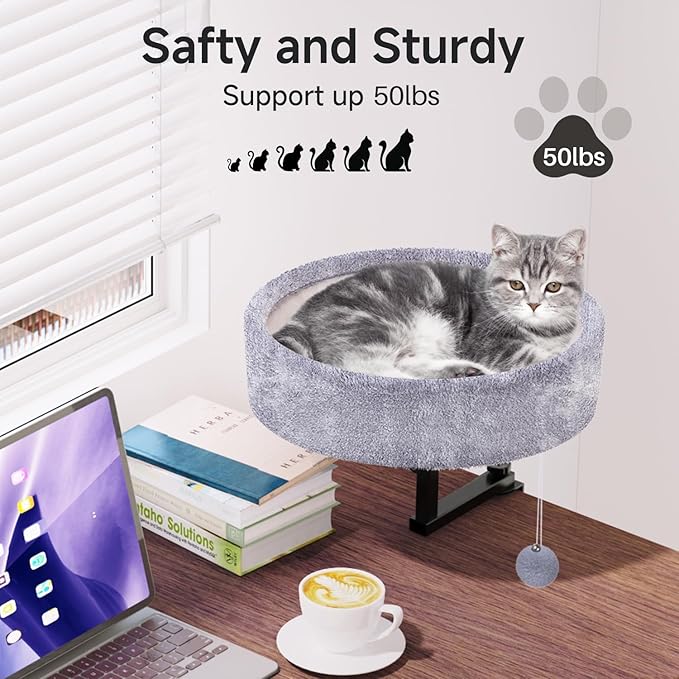 Chumajor Cat Desk Bed - 360° Rotating & Adjustable, Supports 50 lbs, Soft Faux Fur with Dual-Sided Reversible Mat, Modern Indoor Cat Nest Furniture for Office Desks and Game Tables, Island Table